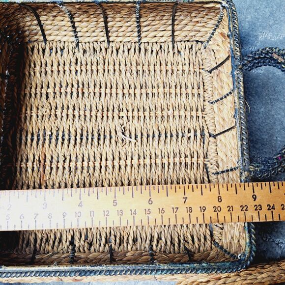 Square Wicker Nesting Baskets LOT OF 2 BLACK METAL HANDLES TRIM rustic cottage - Picture 4 of 11